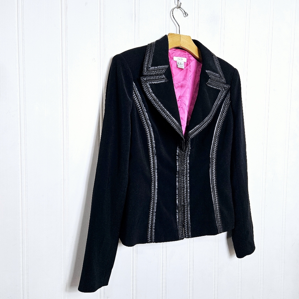 Vintage Cache Blazer 6 Y2K Embroidered Faux Leather Trim Pink Lined Black Office